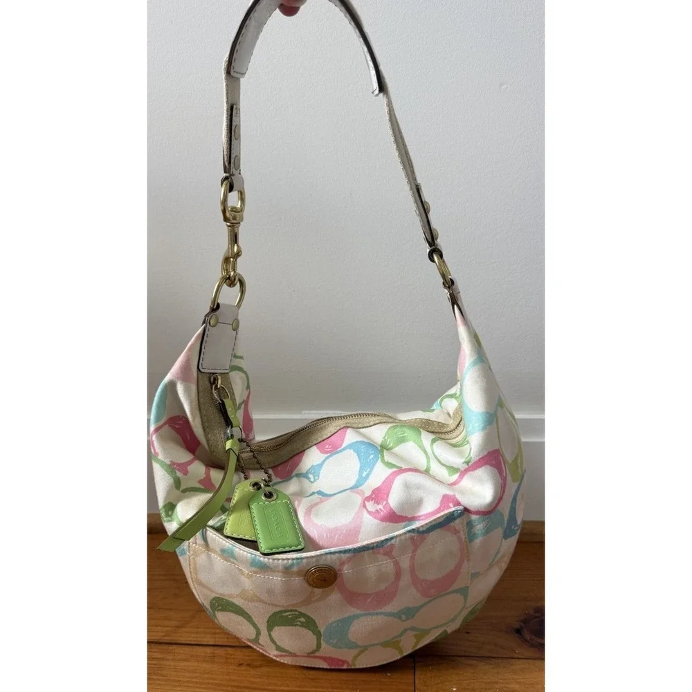VTG Coach Hampton Scribble White Pastel Fabric Hobo Purse Shoulder Bag Y2K